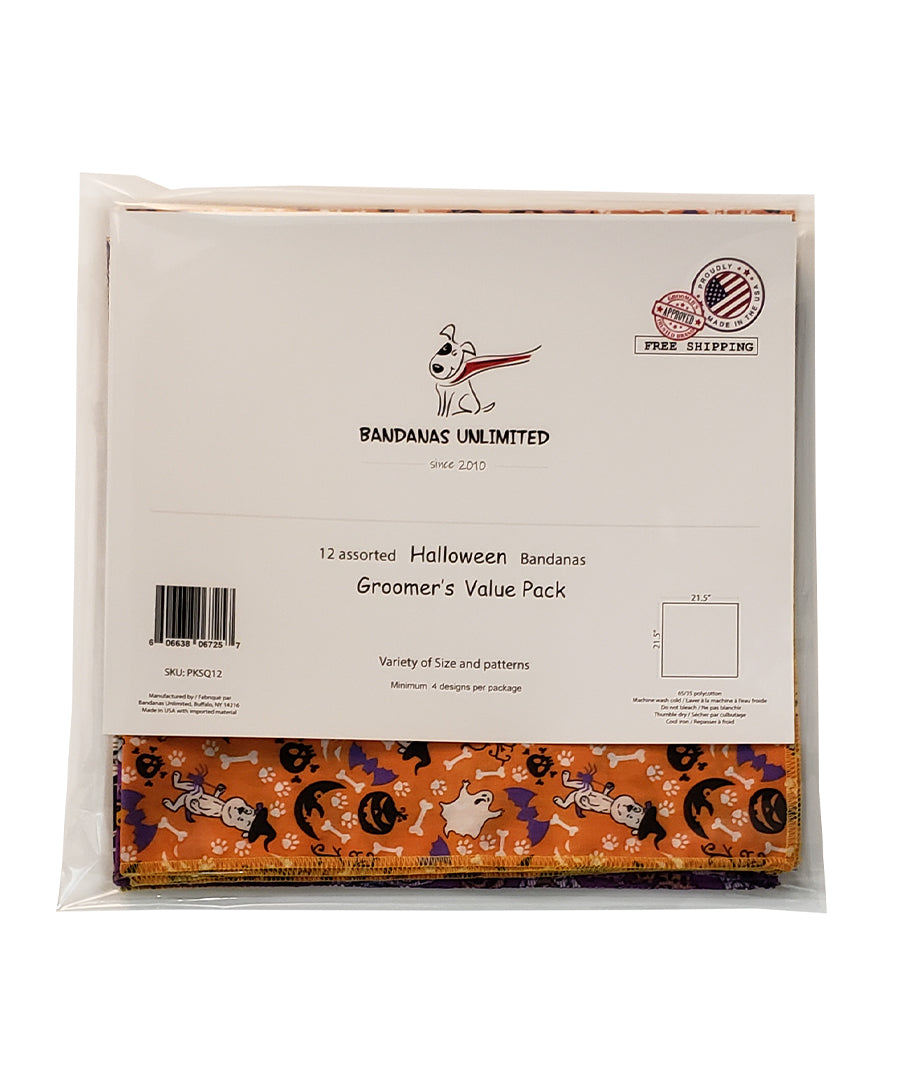 PKSQ12 12 Assorted HALLOWEEN Square Dog Grooming Bandanas / Groomers Bulk Package