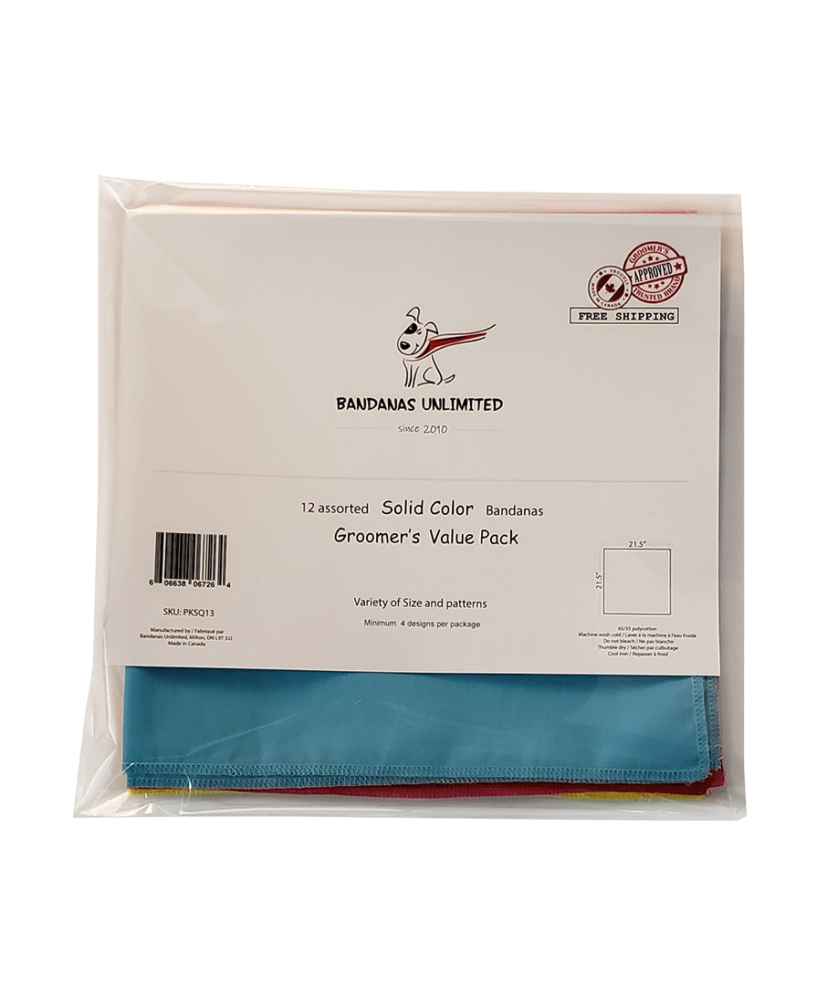 PKSQ13 12 Assorted SOLID COLOUR Square Dog Grooming Bandanas / Groomers Bulk Package