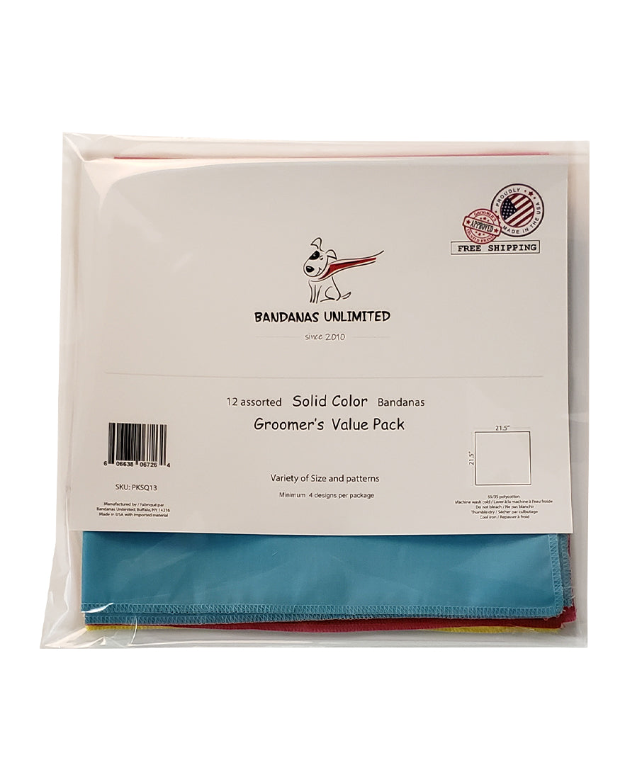 PKSQ13 12 Assorted SOLID COLOUR Square Dog Grooming Bandanas / Groomers Bulk Package