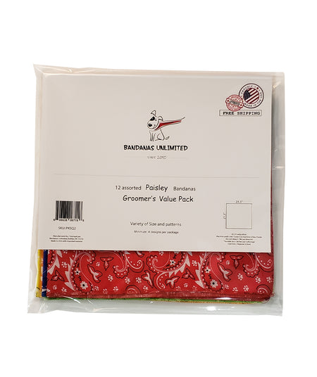 PKSQ2 12 Assorted PAISLEY Square Dog Grooming Bandanas / Groomers Bulk Package