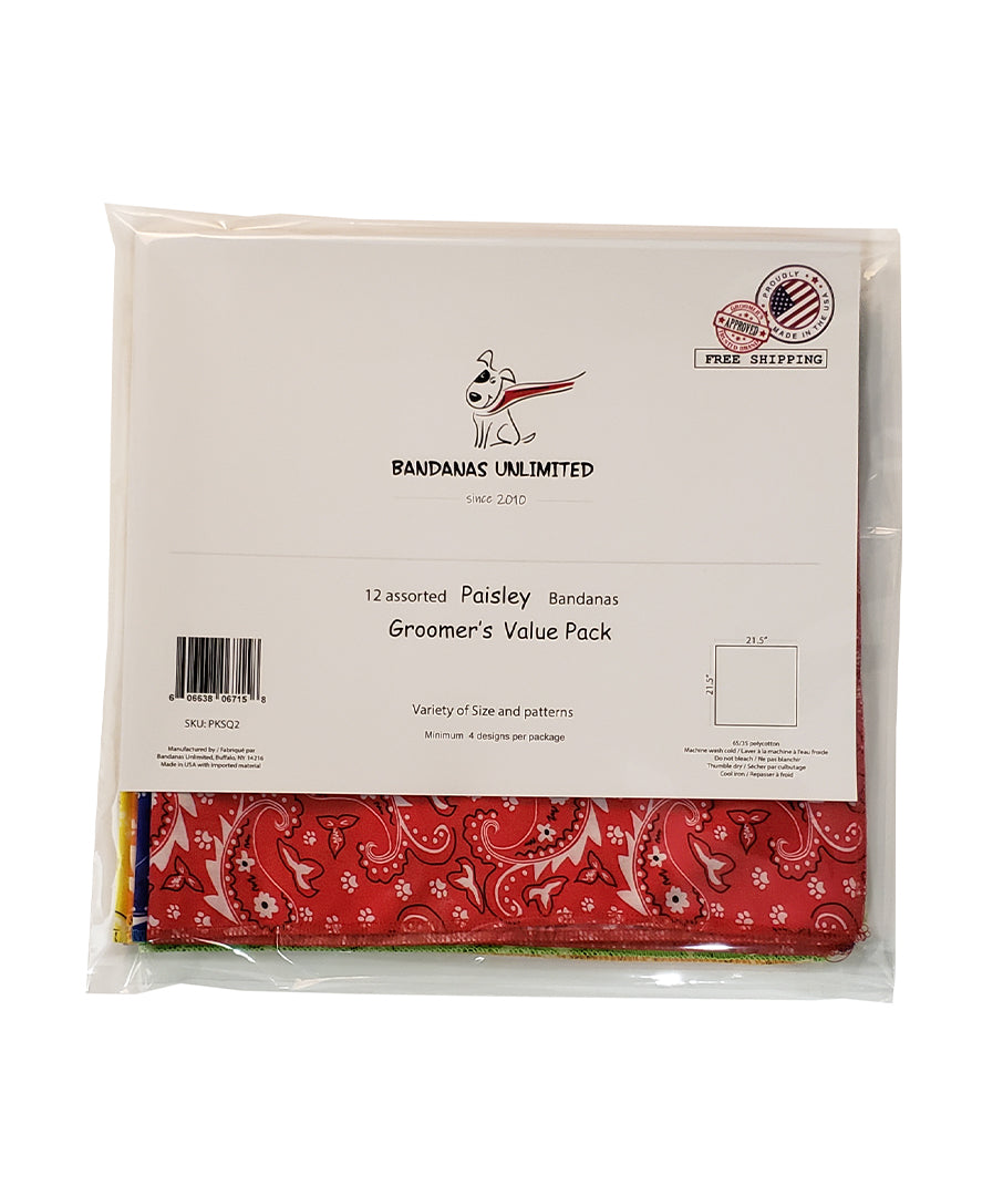 PKSQ2 12 Assorted PAISLEY Square Dog Grooming Bandanas / Groomers Bulk Package