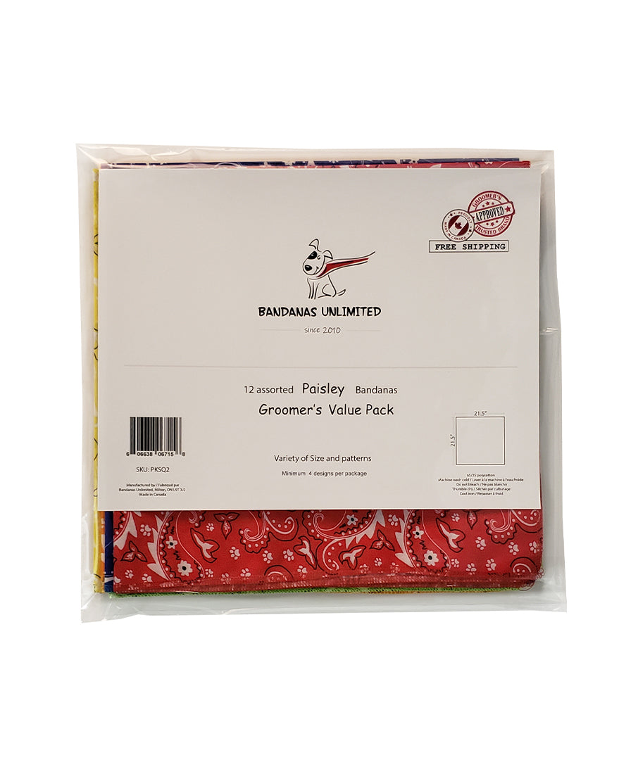 PKSQ2 12 Assorted PAISLEY Square Dog Grooming Bandanas / Groomers Bulk Package