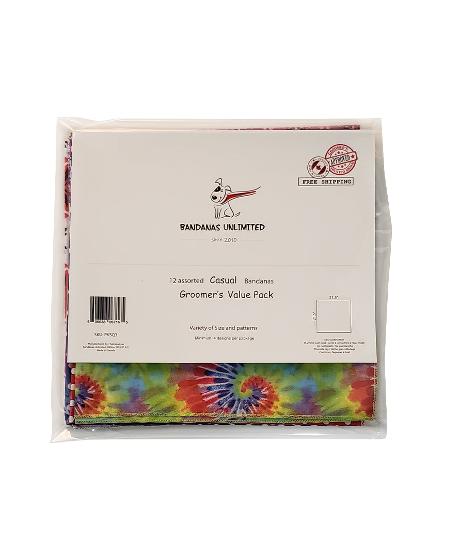 PKSQ3 12 Assorted CASUAL Square Dog Grooming Bandanas / Groomers Bulk Package