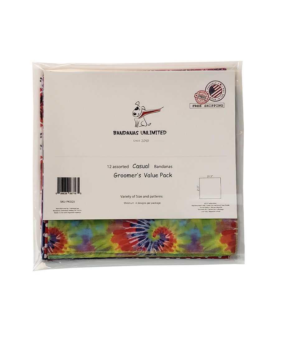 PKSQ3 12 Assorted CASUAL Square Dog Grooming Bandanas / Groomers Bulk Package