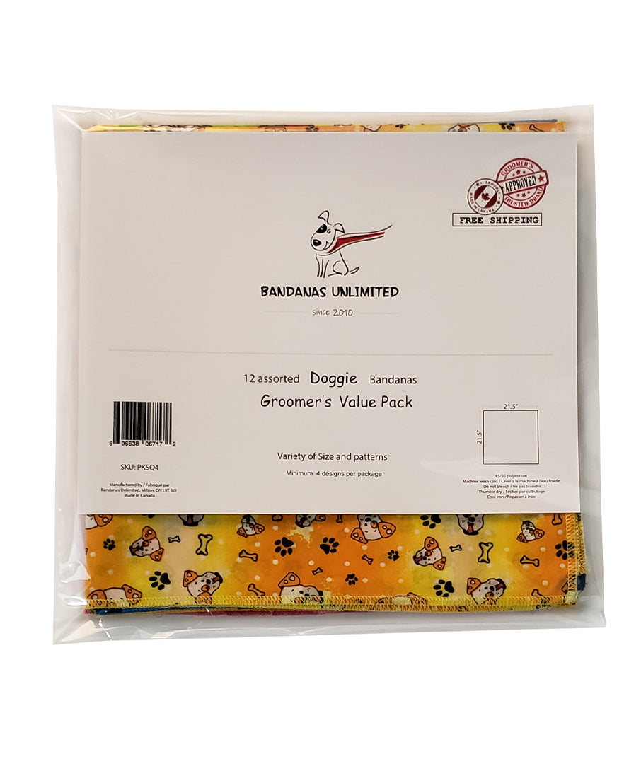 PKSQ4 12 Assorted DOGGIE Square Dog Grooming Bandanas / Groomers Bulk Package