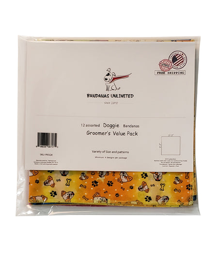 PKSQ4 12 Assorted DOGGIE Square Dog Grooming Bandanas / Groomers Bulk Package