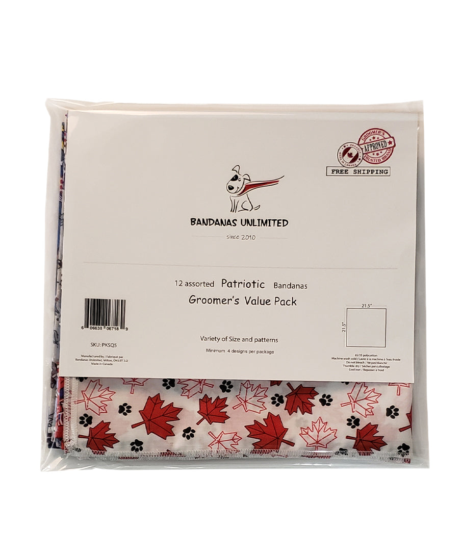 PKSQ5 12 Assorted PATRIOTIC Square Dog Grooming Bandanas / Groomers Bulk Package
