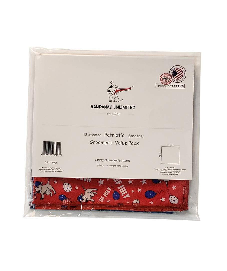 PKSQ5 12 Assorted PATRIOTIC Square Dog Grooming Bandanas / Groomers Bulk Package