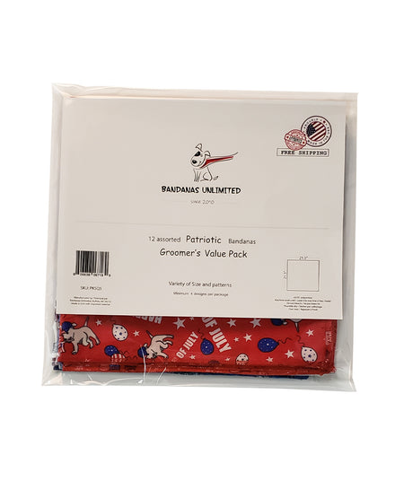 PKSQ5 12 Assorted PATRIOTIC Square Dog Grooming Bandanas / Groomers Bulk Package