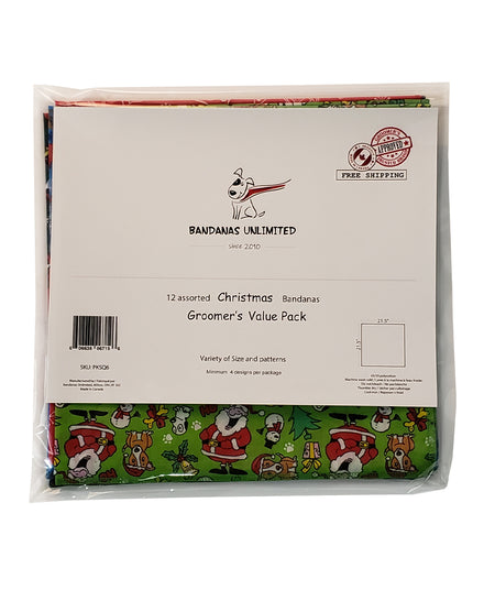 PKSQ6 12 Assorted CHRISTMAS WINTER Square Dog Grooming Bandanas / Groomers Bulk Package