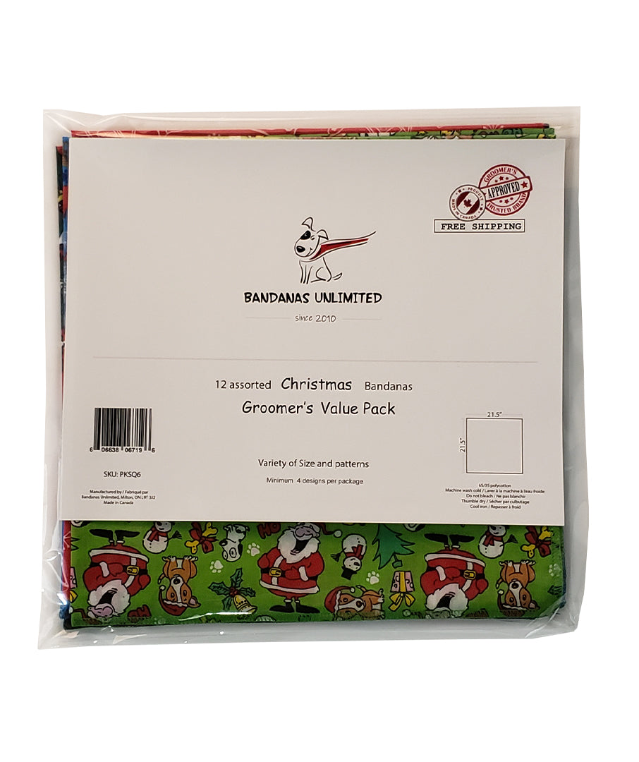PKSQ6 12 Assorted CHRISTMAS WINTER Square Dog Grooming Bandanas / Groomers Bulk Package