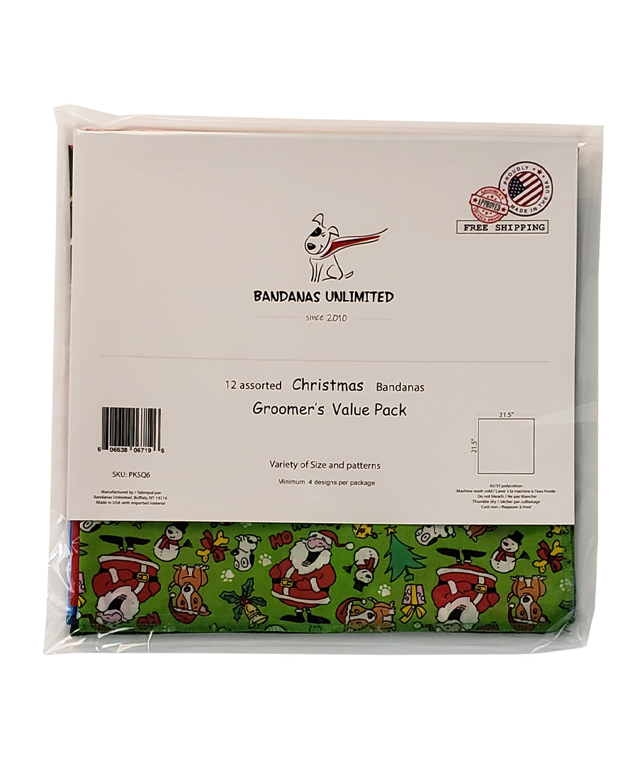 PKSQ6 12 Assorted CHRISTMAS WINTER Square Dog Grooming Bandanas / Groomers Bulk Package