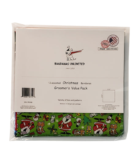 PKSQ6 12 Assorted CHRISTMAS WINTER Square Dog Grooming Bandanas / Groomers Bulk Package