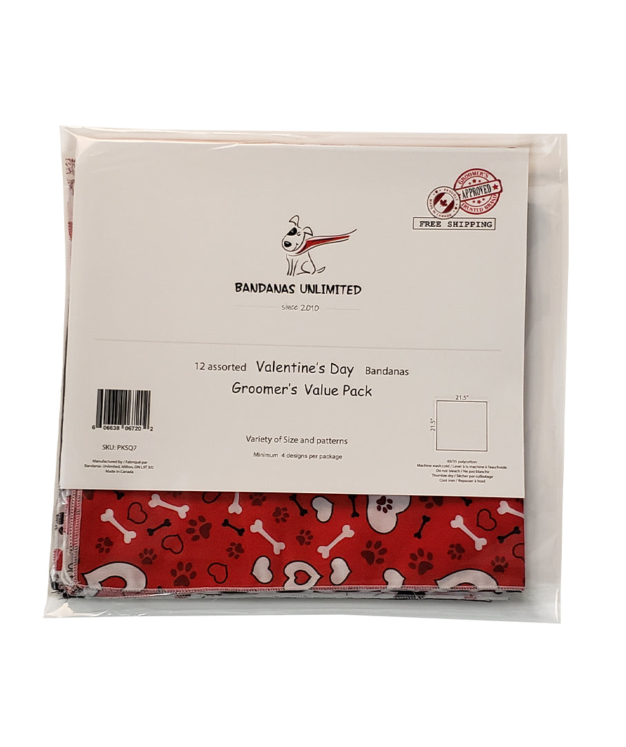 PKSQ7 12 Assorted VALENTINE'S DAY Square Dog Grooming Bandanas / Groomers Bulk Package