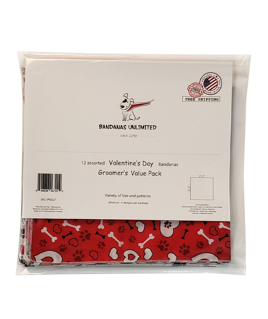 PKSQ7 12 Assorted VALENTINE'S DAY Square Dog Grooming Bandanas / Groomers Bulk Package