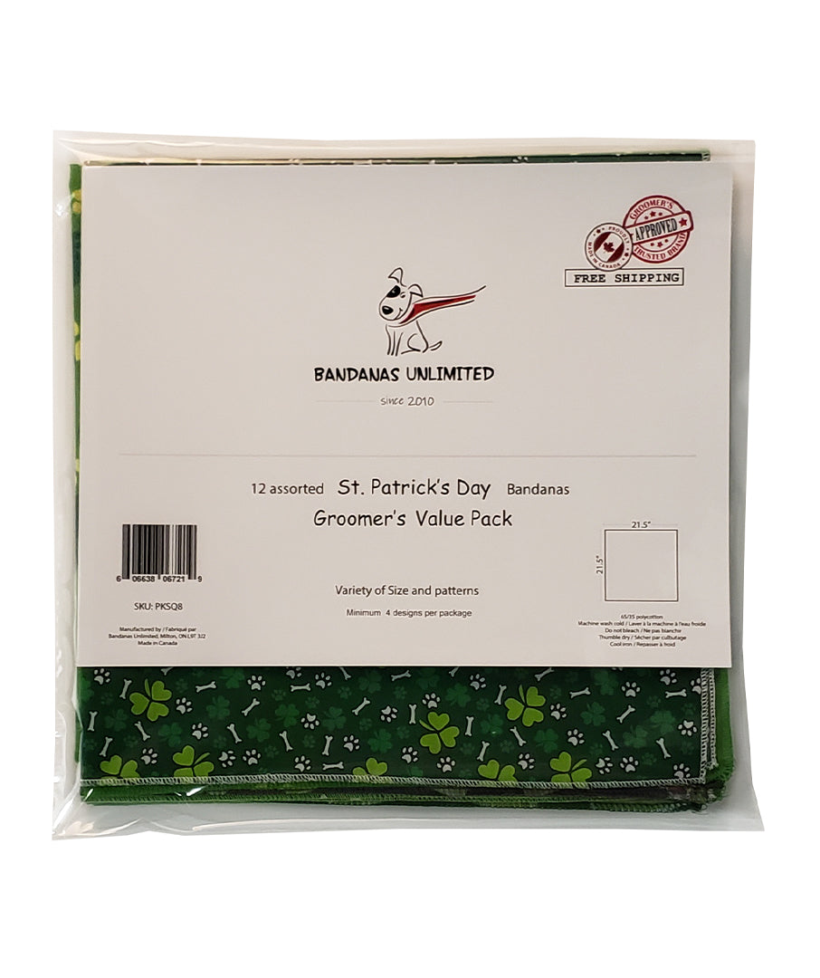 PKSQ8 12 Assorted ST.PATRICK'S DAY Square Dog Grooming Bandanas / Groomers Bulk Package