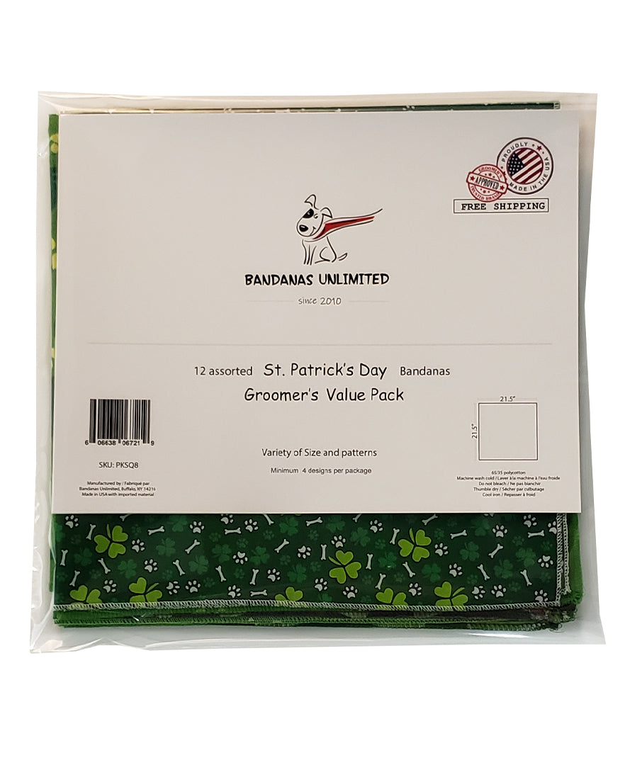 PKSQ8 12 Assorted ST.PATRICK'S DAY Square Dog Grooming Bandanas / Groomers Bulk Package